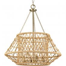  P400323-163 - Laila Collection Four-Light Vintage Brass Coastal Chandelier with Woven Jute Accents