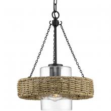  P550126-31M - Pembroke Collection One-Light 18.5" Matte Black Coastal Outdoor Pendant with Mocha Rattan Accent