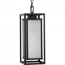  P550141-31M - Unison Collection One-Light Matte Black Etched Seeded Glass Contemporary Hanging Lantern