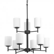  P4726-31 - Replay Collection Nine-Light Textured Black Etched Painted White Glass Modern Chandelier Light