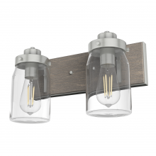  48019 - Hunter Devon Park Brushed Nickel and Grey Wood with Clear Glass 2 Light Bathroom Vanity Wall Light F